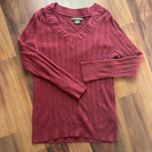 Eddie Bauer Sweater Womens Medium Red Cable Knit V-Neck Pullover Travel Gorpcore